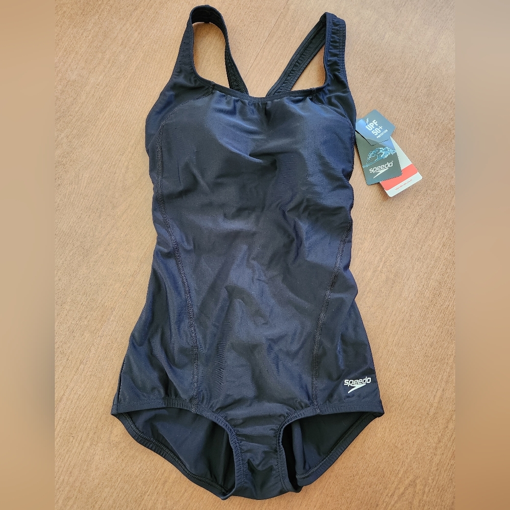 NWT Speedo PowerFLEX One Piece Swimsuit Women's Size 4 Black UPF 50 Swim Summer
